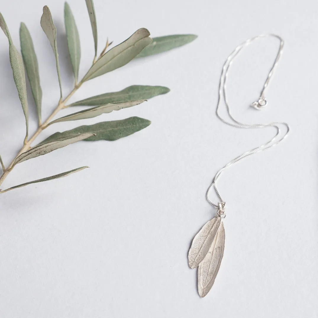 Sterling Silver Olive Leaf Necklace - Double Leaves on Chain