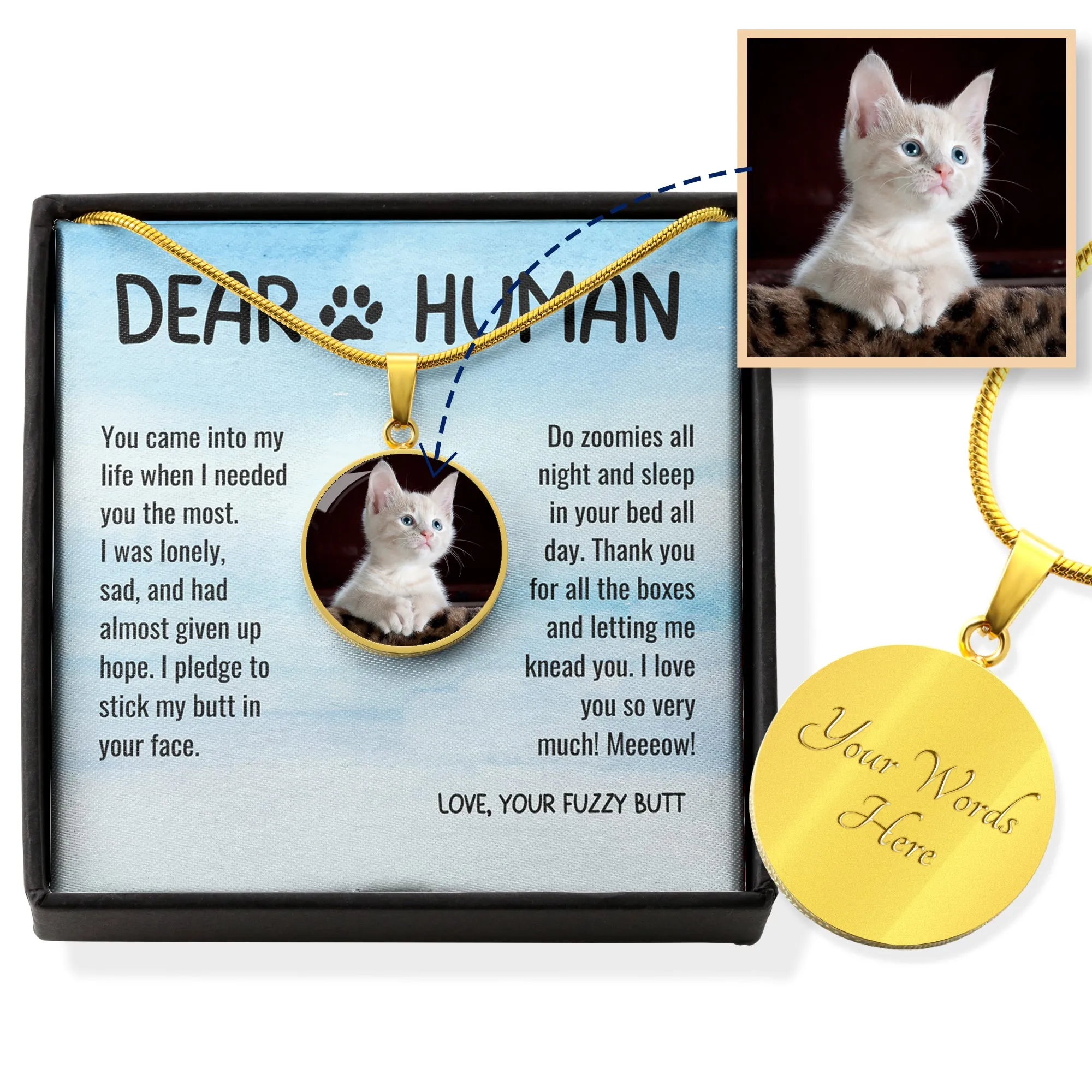 Thank You Dear Human Gratitude from Rescue Cat Adoption Custom Photo Circle Necklace