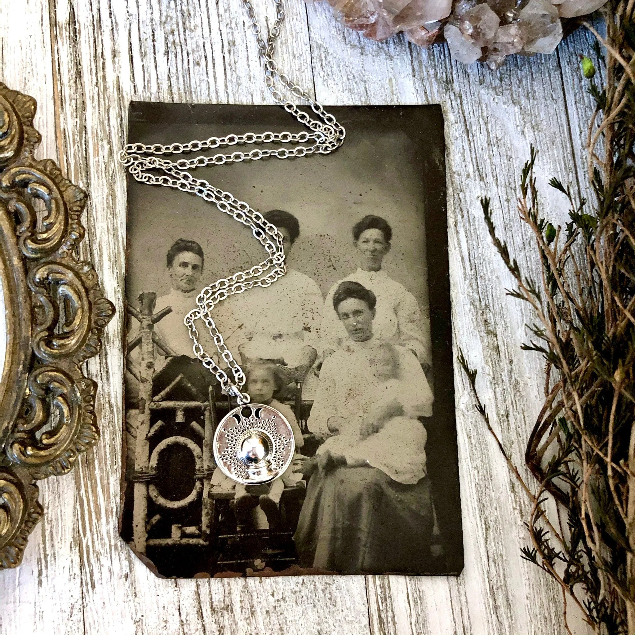 Tiny Talisman Collection - Sterling Silver Crystal Ball with Moon Phases Necklace Pendant 15mm /