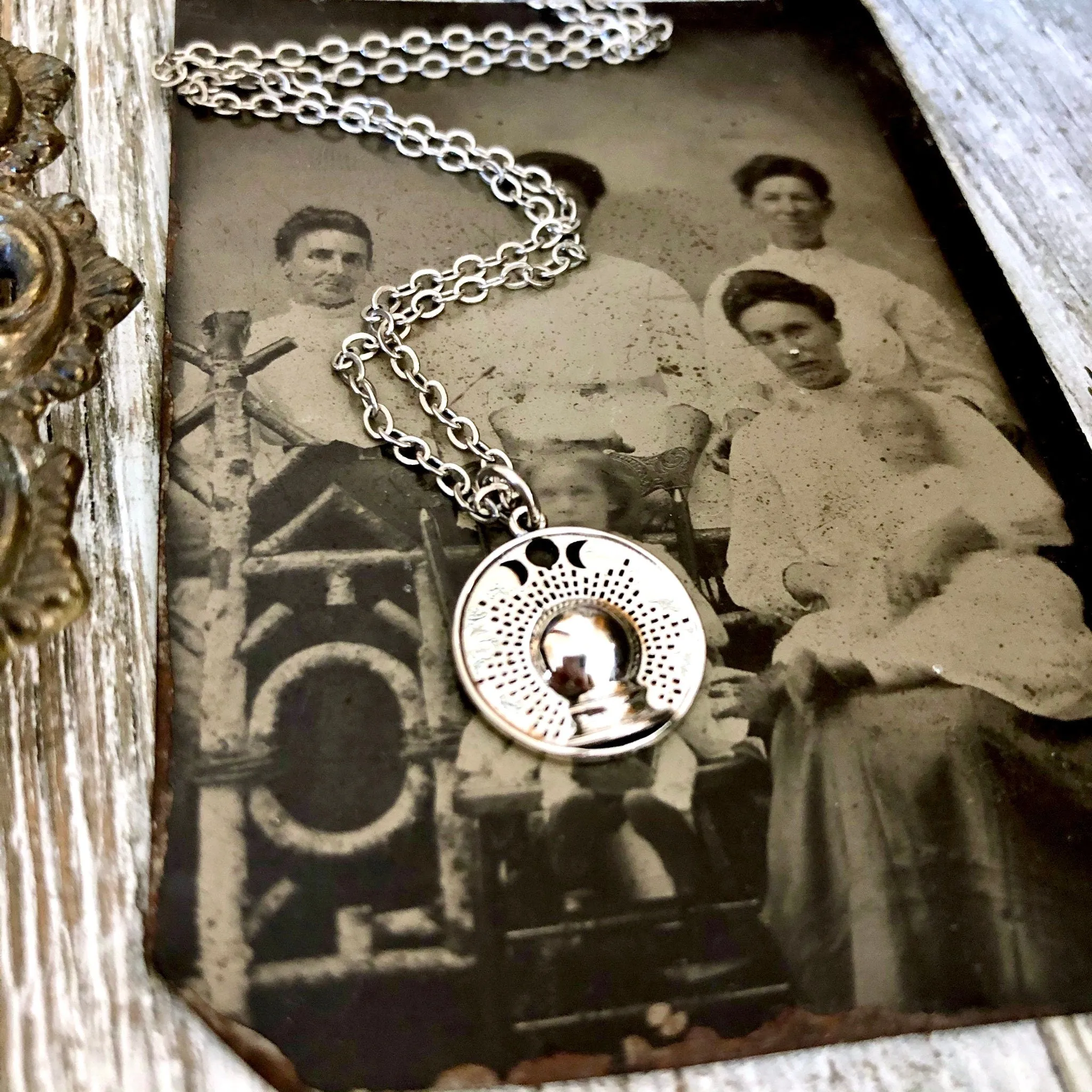 Tiny Talisman Collection - Sterling Silver Crystal Ball with Moon Phases Necklace Pendant 15mm /