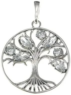 Tree of Life Clear Cubic Zirconia Silver Handmade Pendant   Silver Necklace Chain