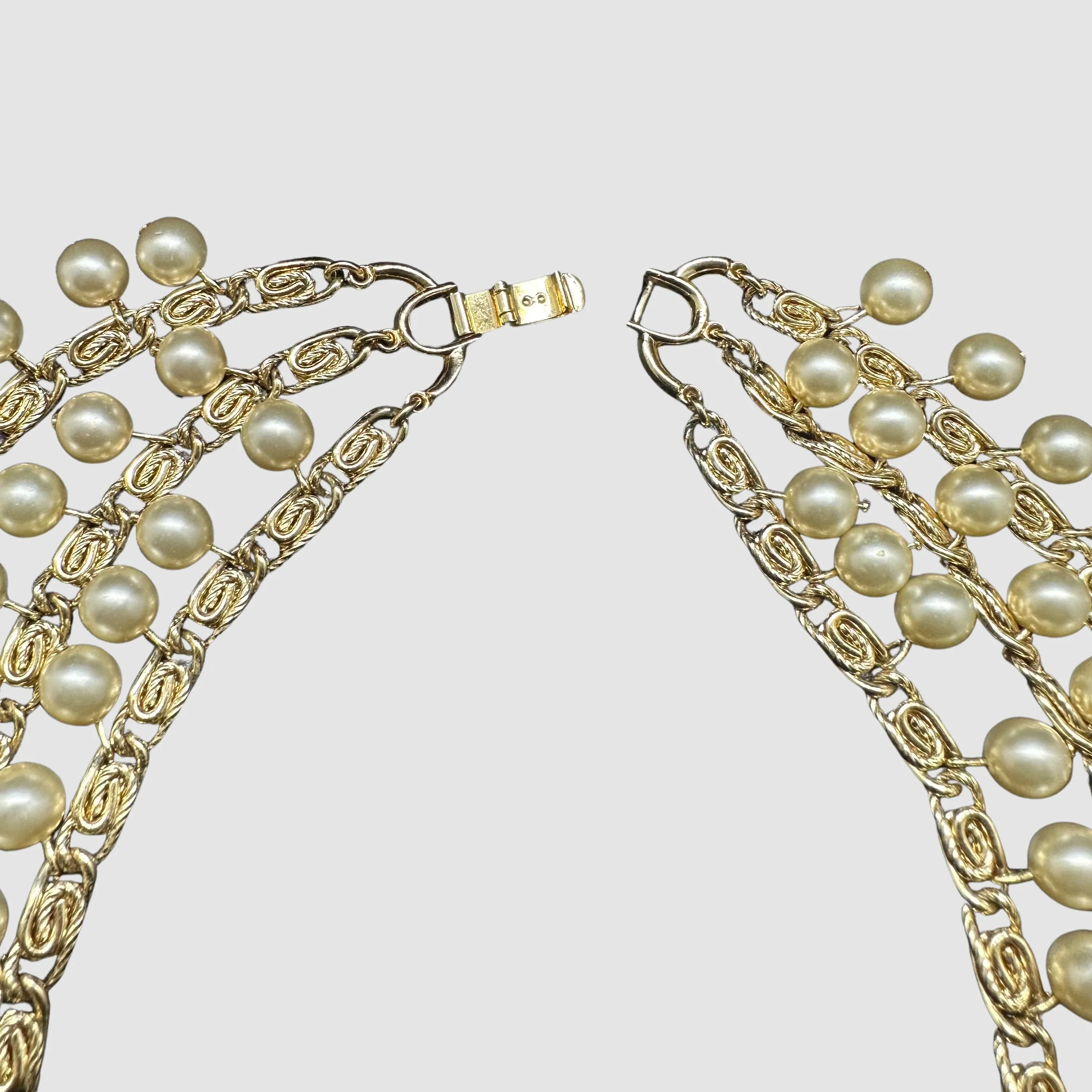 TRIFARI Vintage 80s 90s Statement Necklace w/ Gold Plated Three Strand Snail Chain and Pearl Beads