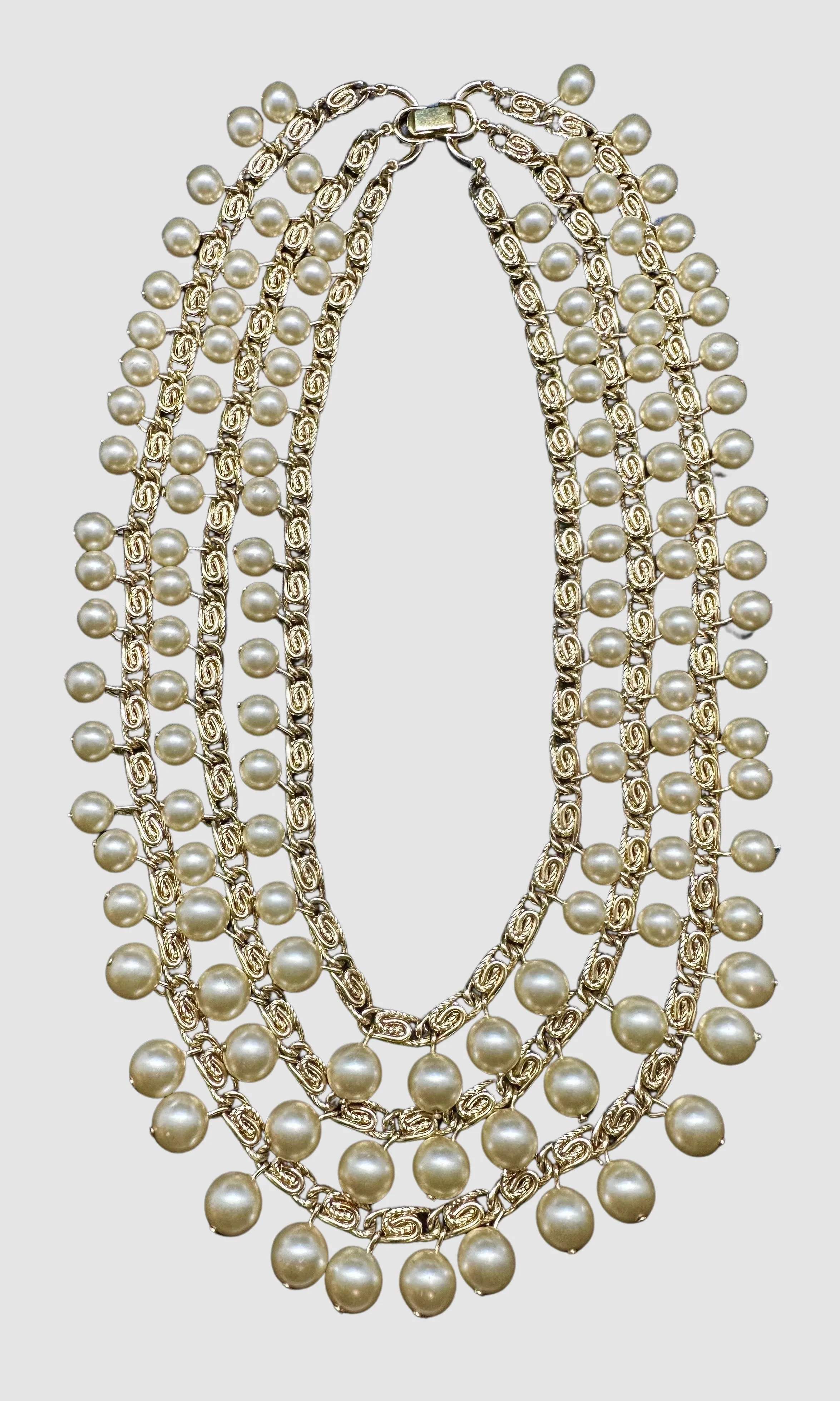 TRIFARI Vintage 80s 90s Statement Necklace w/ Gold Plated Three Strand Snail Chain and Pearl Beads