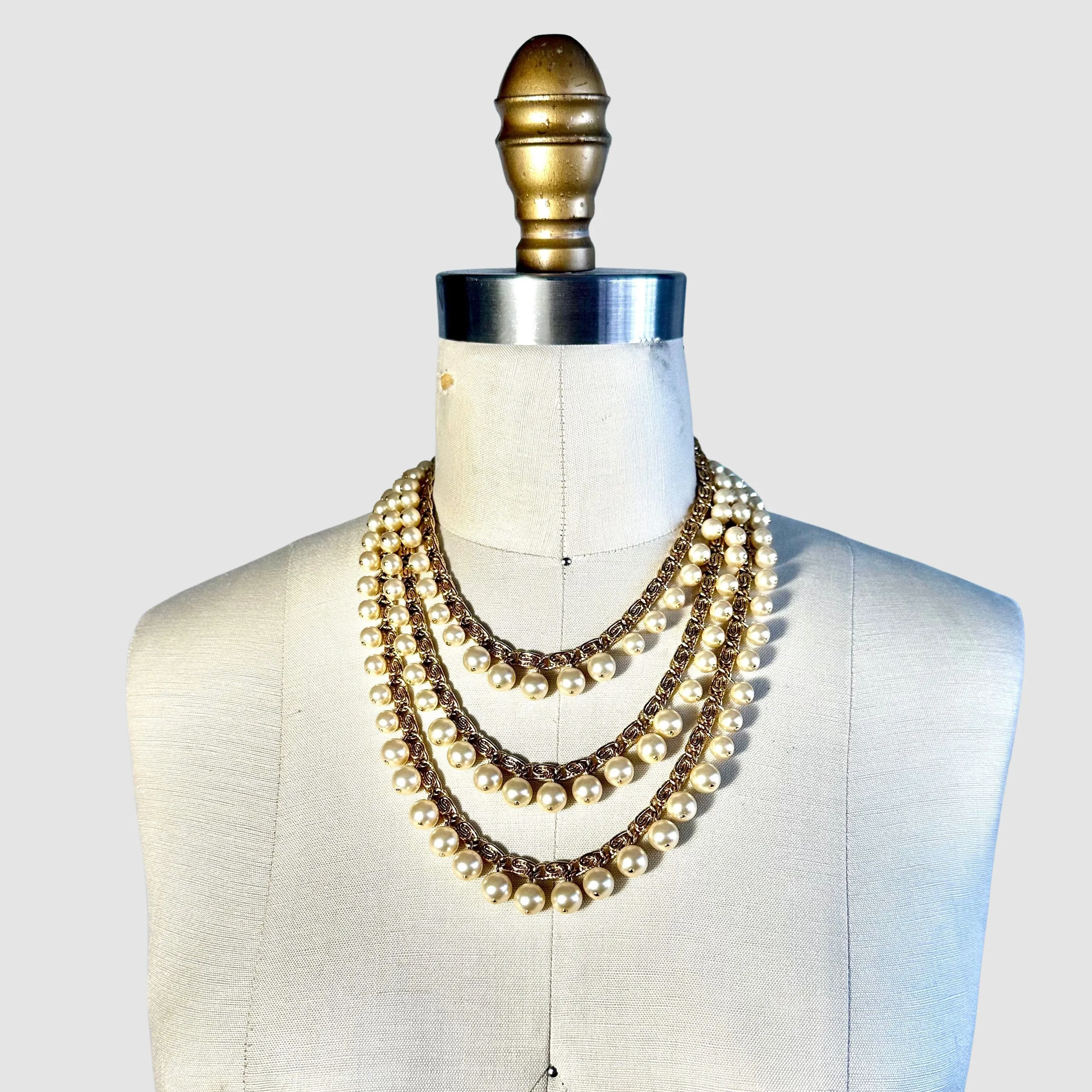 TRIFARI Vintage 80s 90s Statement Necklace w/ Gold Plated Three Strand Snail Chain and Pearl Beads