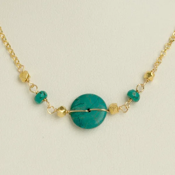 Handcrafted Turquoise Coin & Gleaming Golden Nugget Necklace