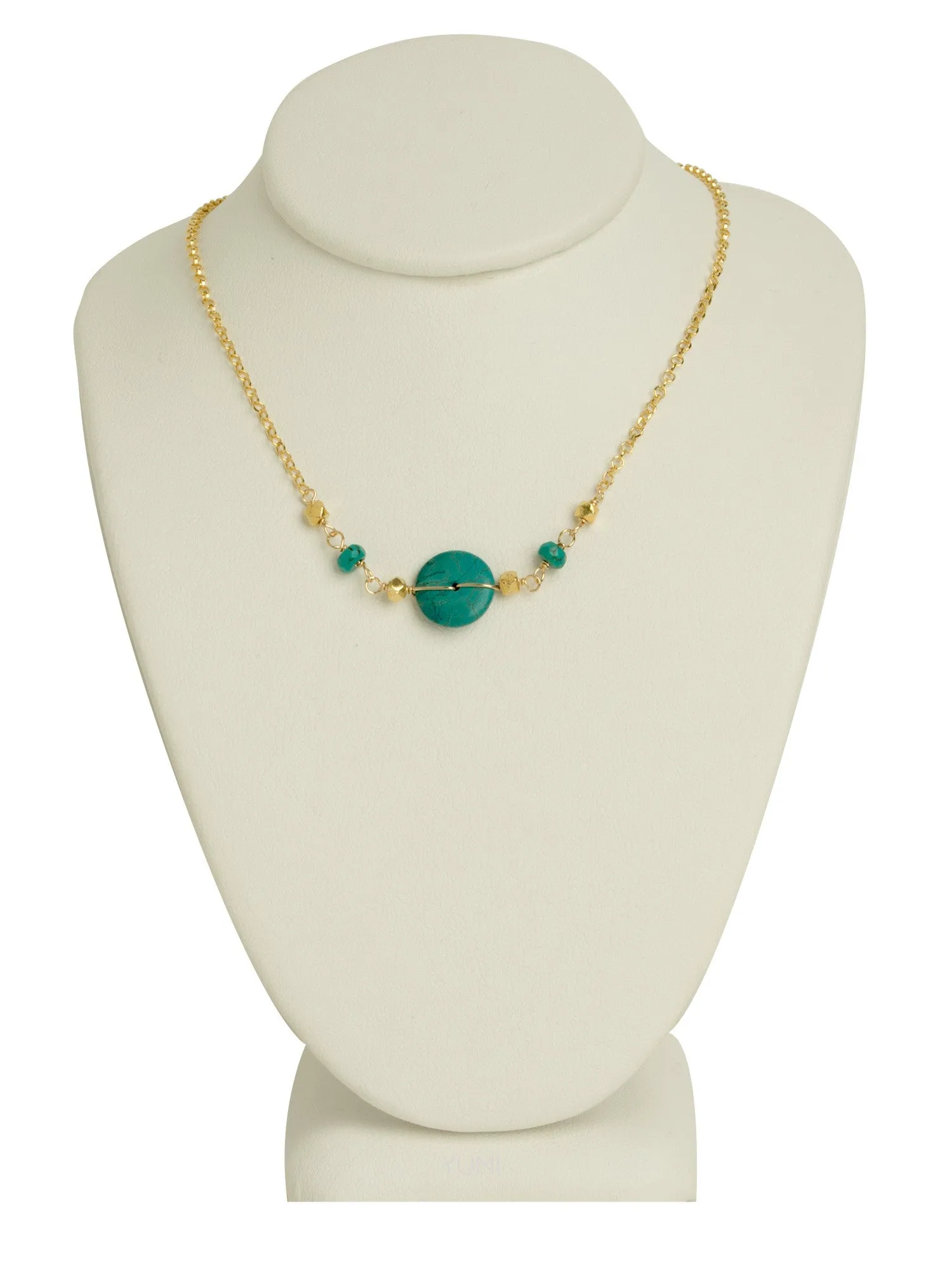 Handcrafted Turquoise Coin & Gleaming Golden Nugget Necklace