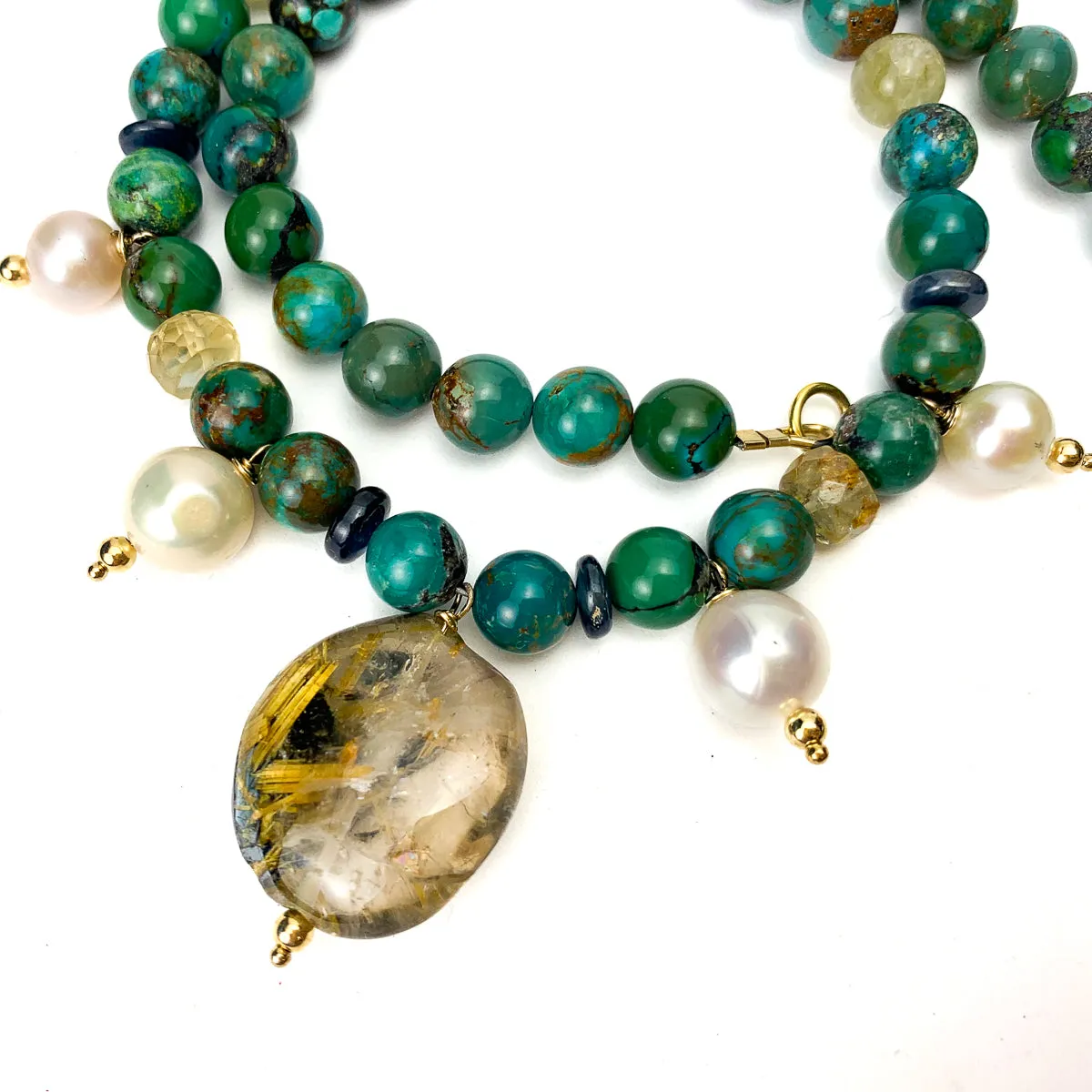 Turquoise, Pearl, Rutilated Quartz and Sapphire Necklace