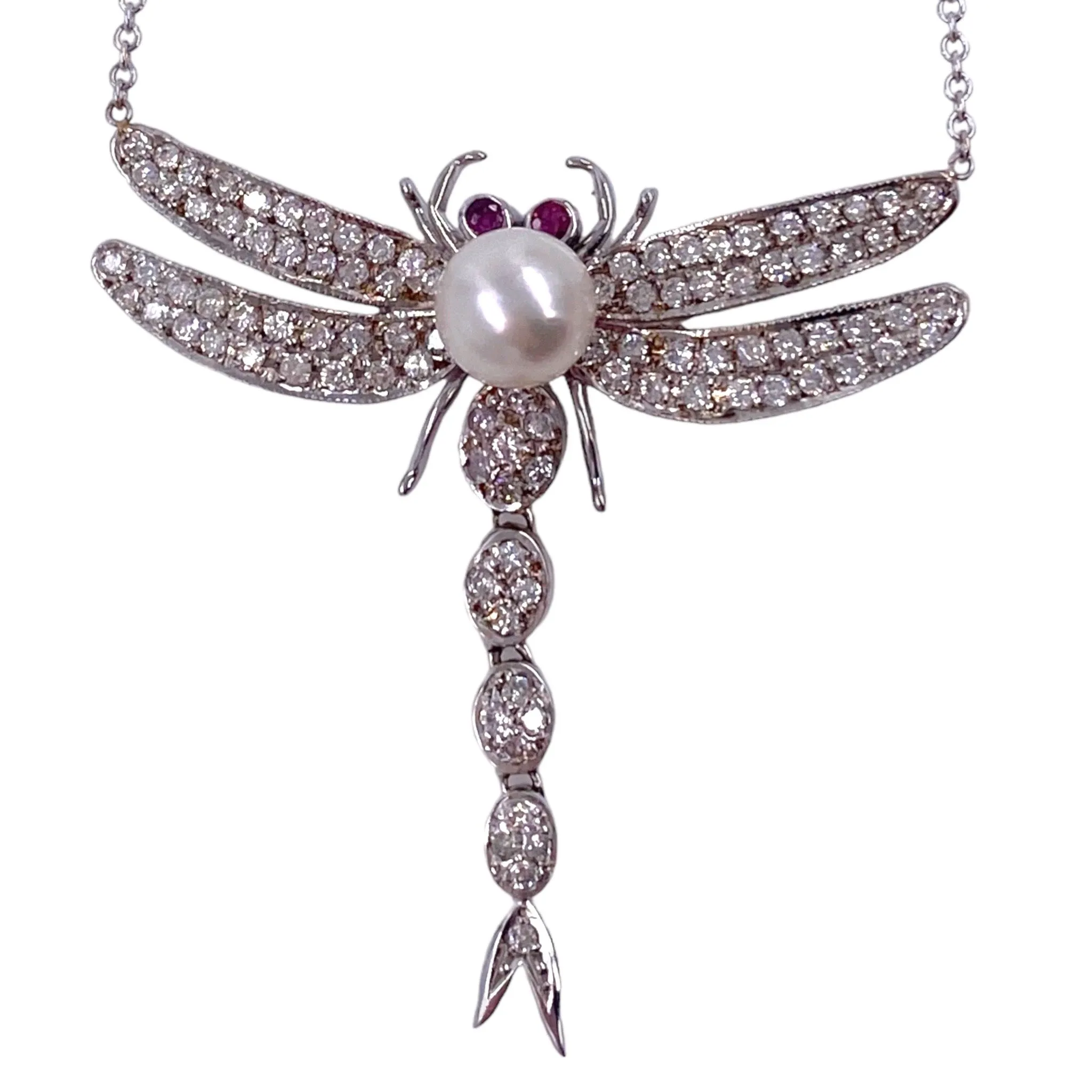 Vintage 14K White Gold Diamond Ruby & Pearl Dragonfly Necklace