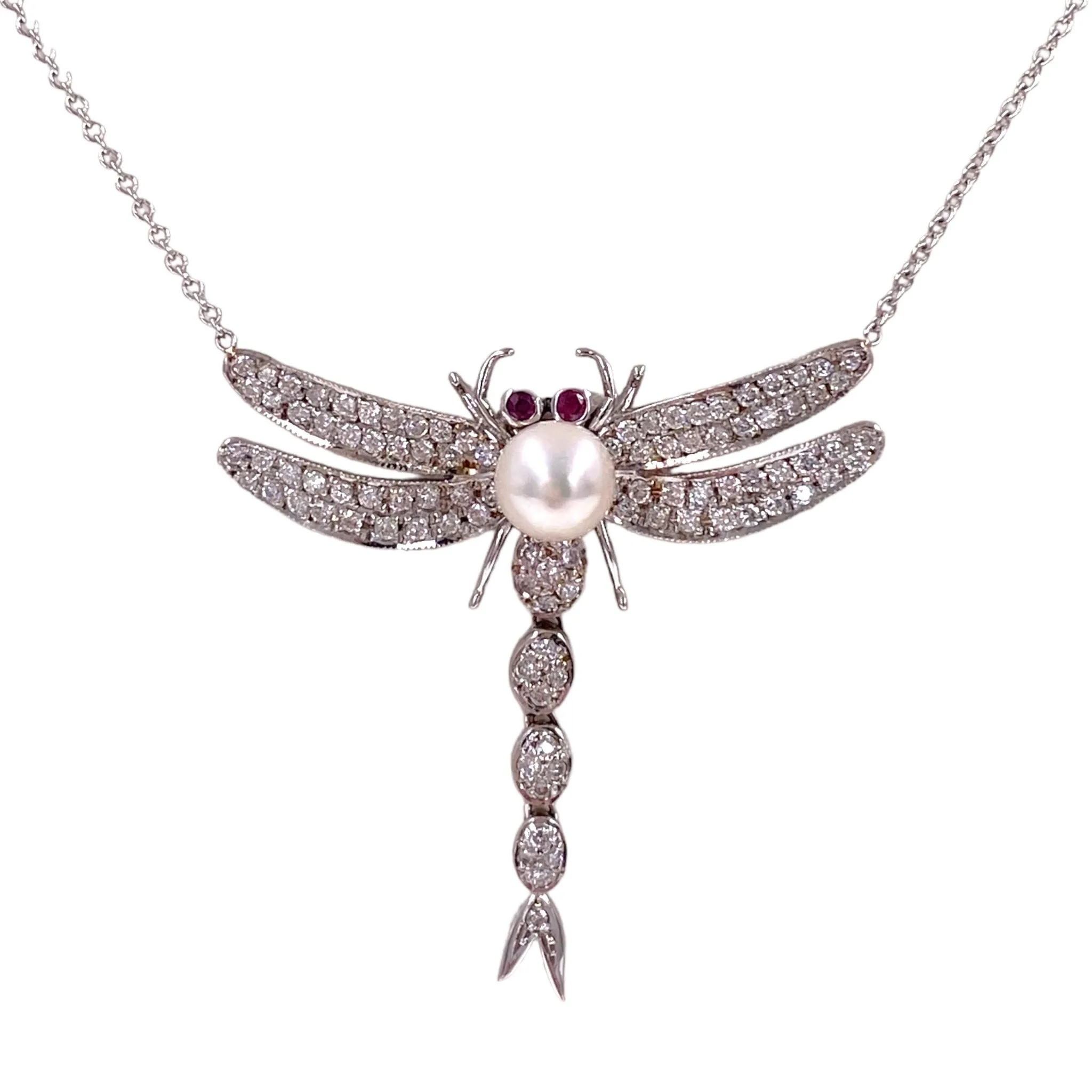 Vintage 14K White Gold Diamond Ruby & Pearl Dragonfly Necklace