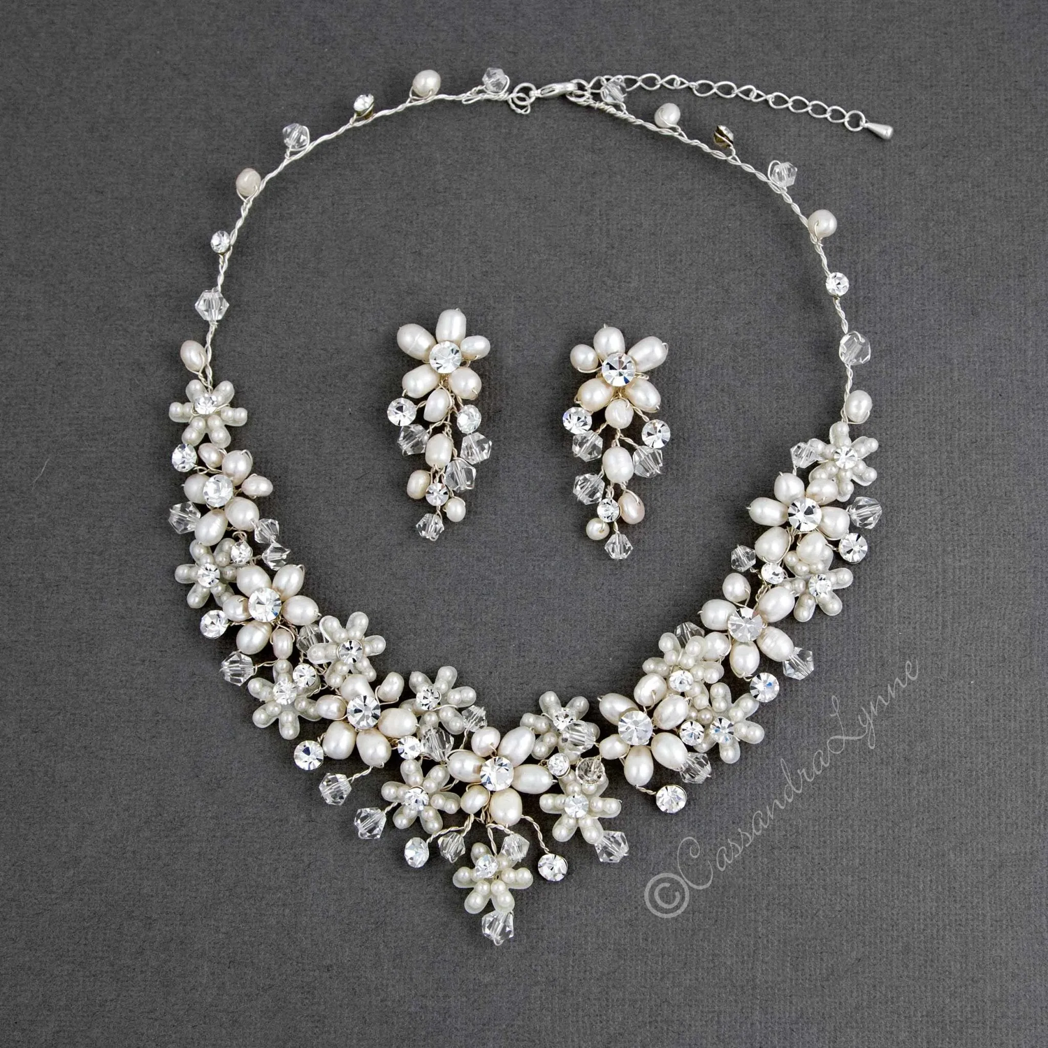 Wedding Necklace Set of Pearl Flowers and Crystals