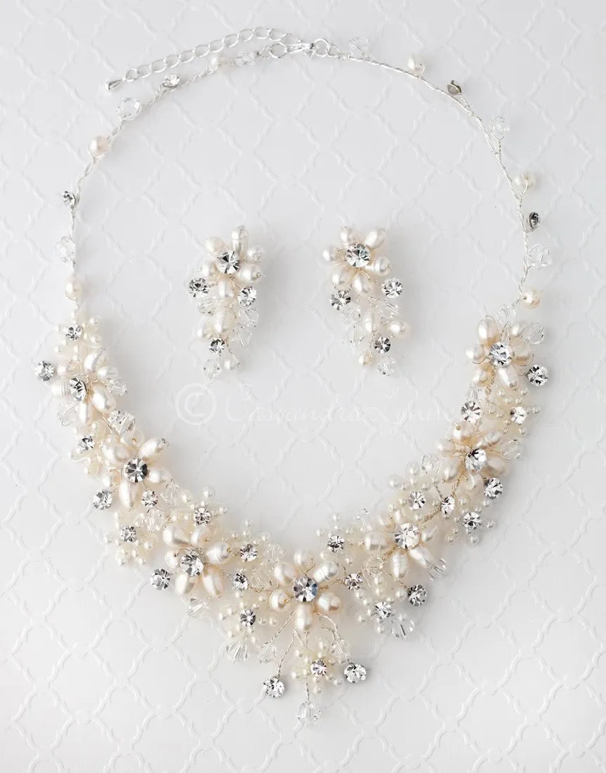 Wedding Necklace Set of Pearl Flowers and Crystals