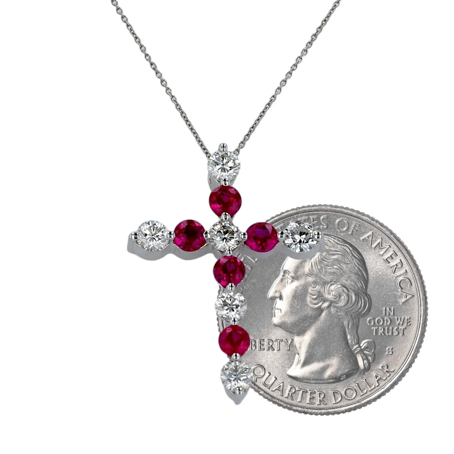 White 14k gold red ruby and diamond cross necklace