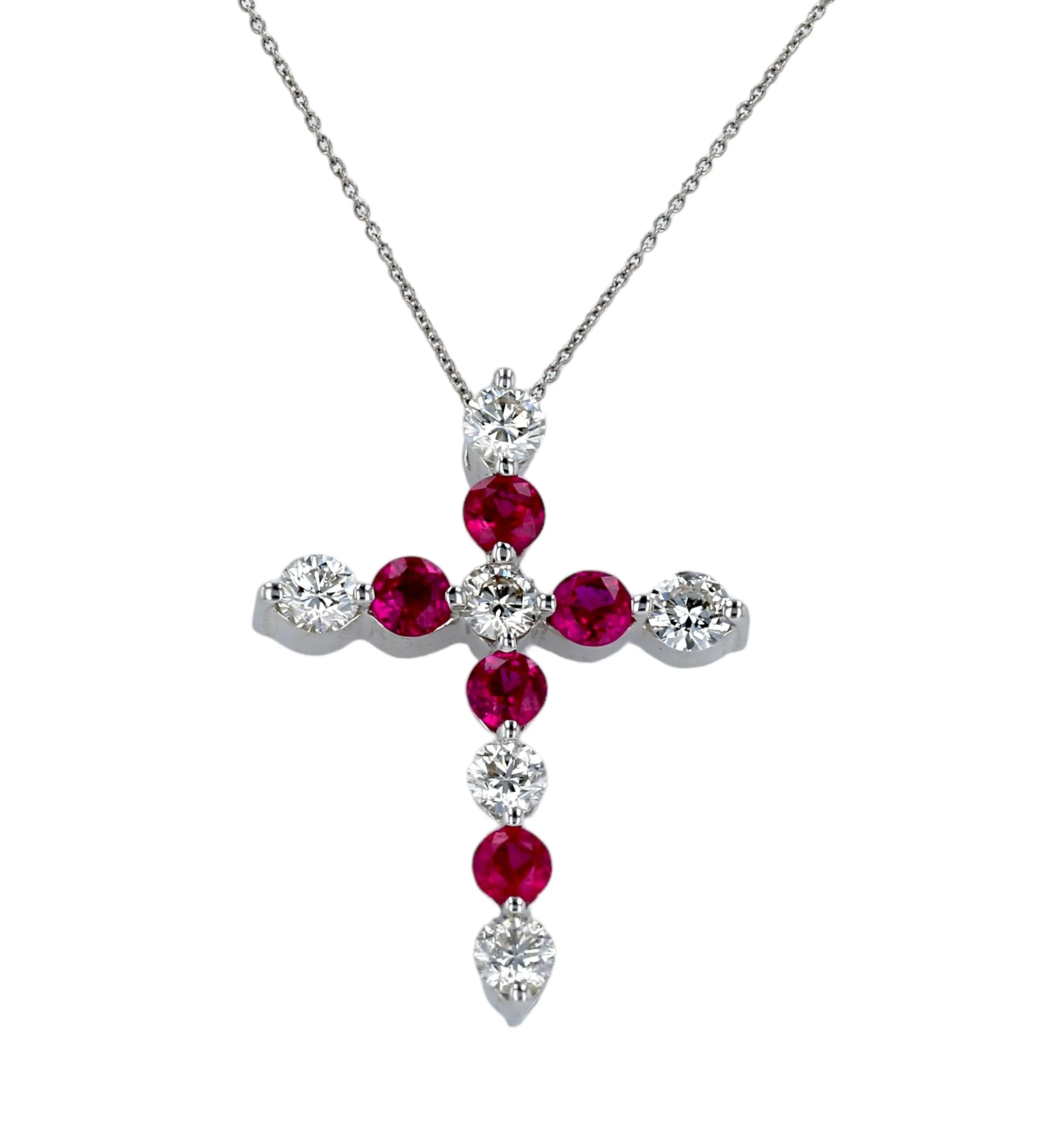 White 14k gold red ruby and diamond cross necklace