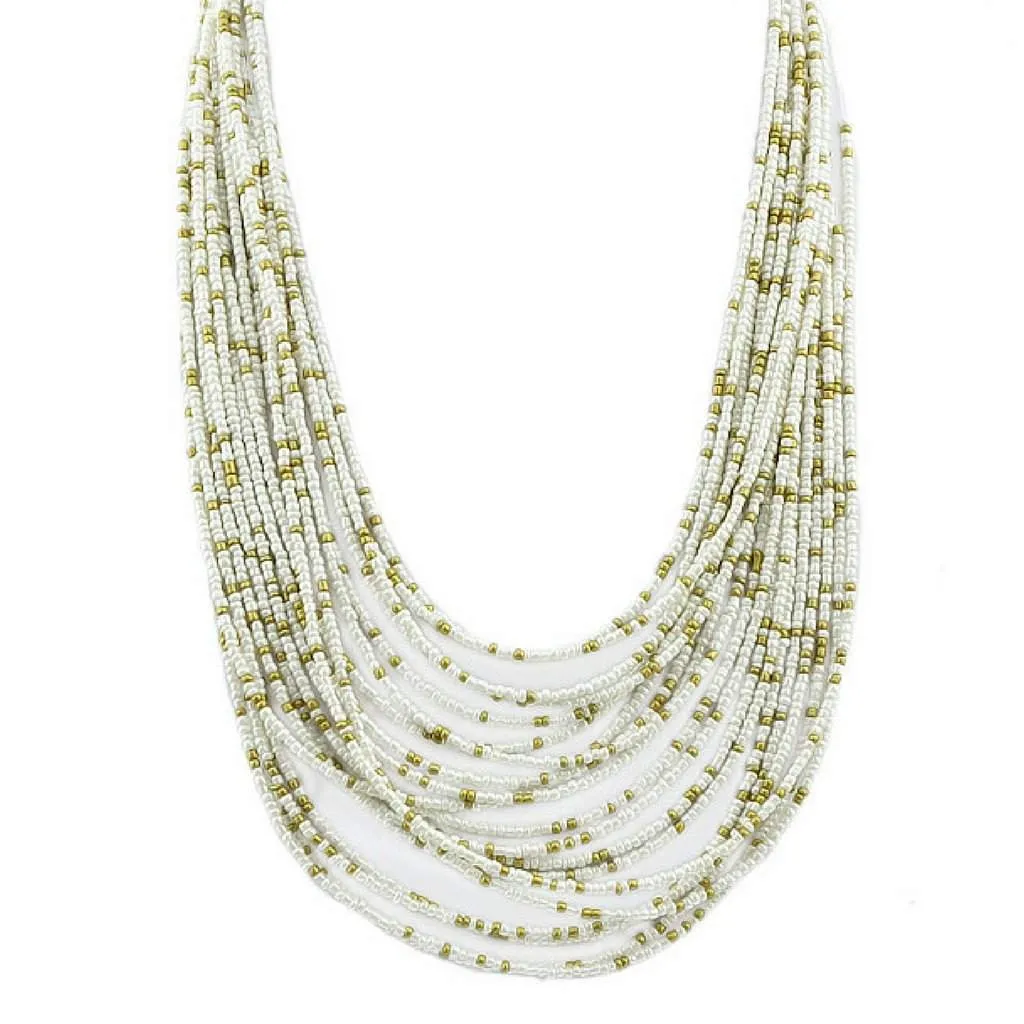 White and Gold Seed Bead Layered Necklace